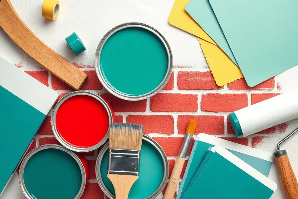 Pots de peinture, nuancier, brosses et rouleaux disposés à plat