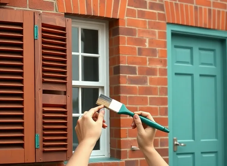 Mise en peinture au pinceau de volets et d'encadrements en bois