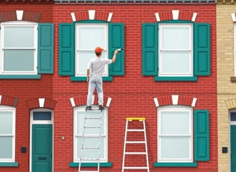 Peintre sur échafaudage traitant la façade d'une maison